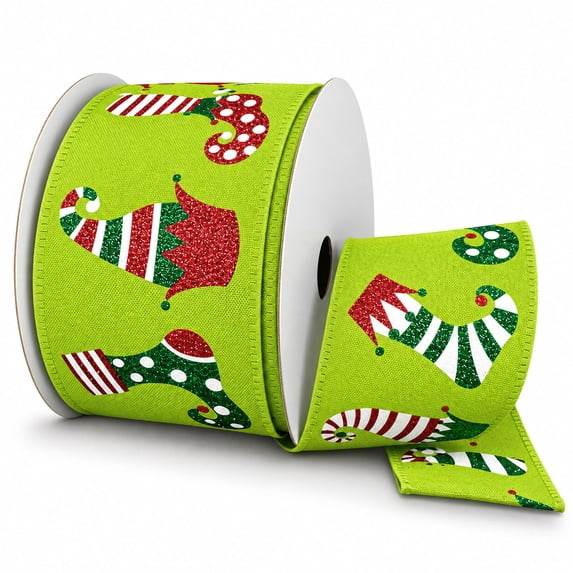 Xmas Rippon Homeford Glitter Elf Hats & Socks Christmas Wired Ribbon, 2-1/2-inch ...