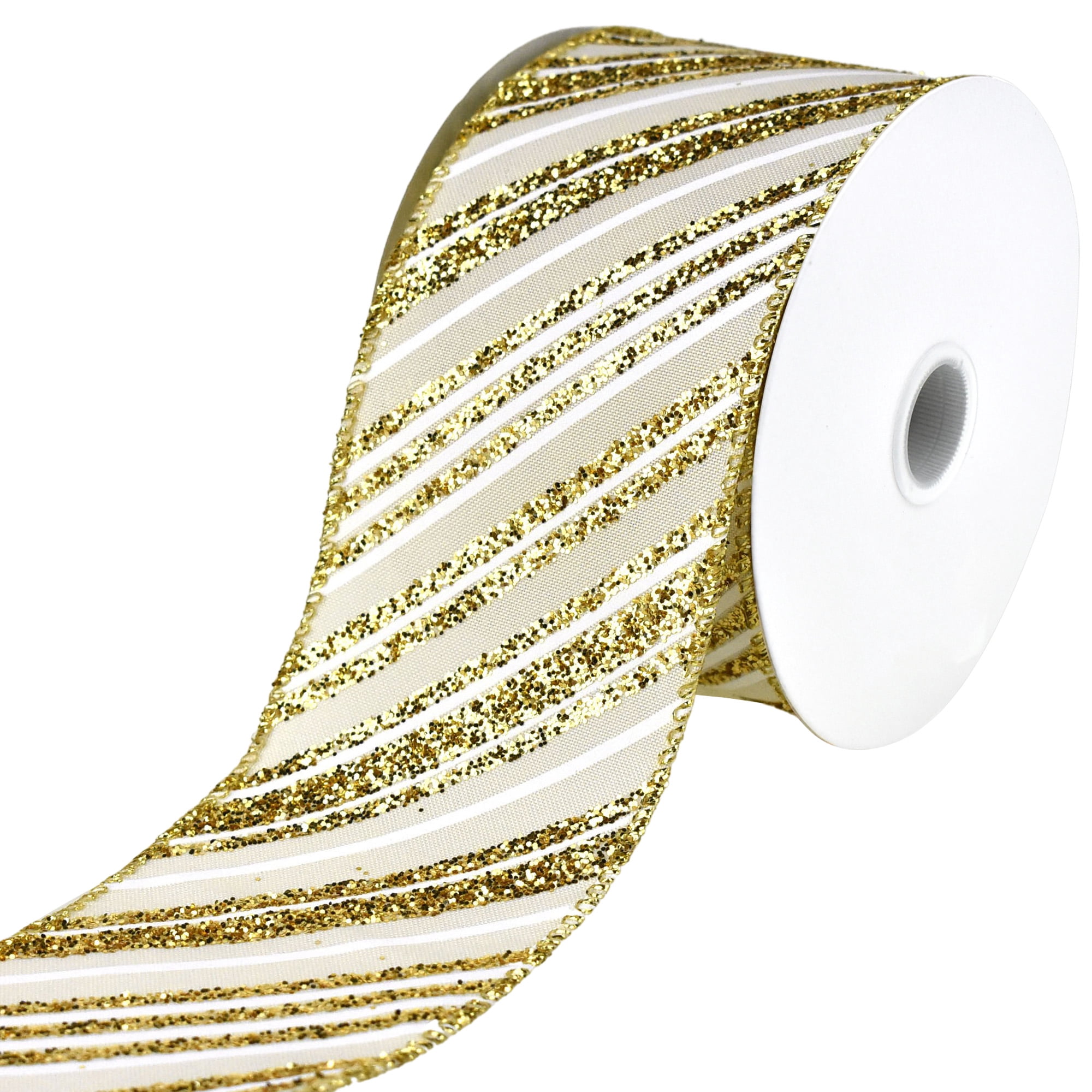 Homeford Glittered Diagonal Christmas Stripes Wired Ribbon, 2-1/2-inch, 10-yard, Ivory/Gold