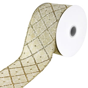 Homeford Glittered Diamond Lattice Faux Linen Wired Ribbon, 2-1/2-inch, 10-yard, Natural
