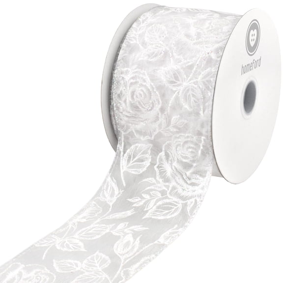 Homeford Glittered Roses Sheer Organza Wired Ribbon, 2-1/2-inch, Iridescent White, 10-yard