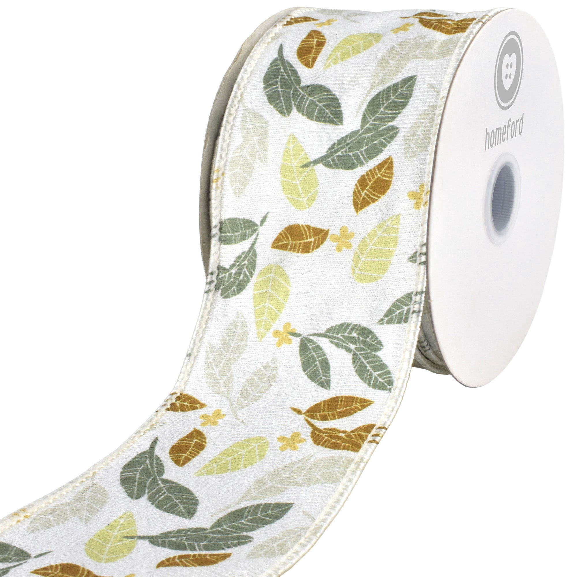 Homeford Leaves Textured Finish Wired Ribbon, White/Natural/Green, 2-1/2-inch, 10-yard