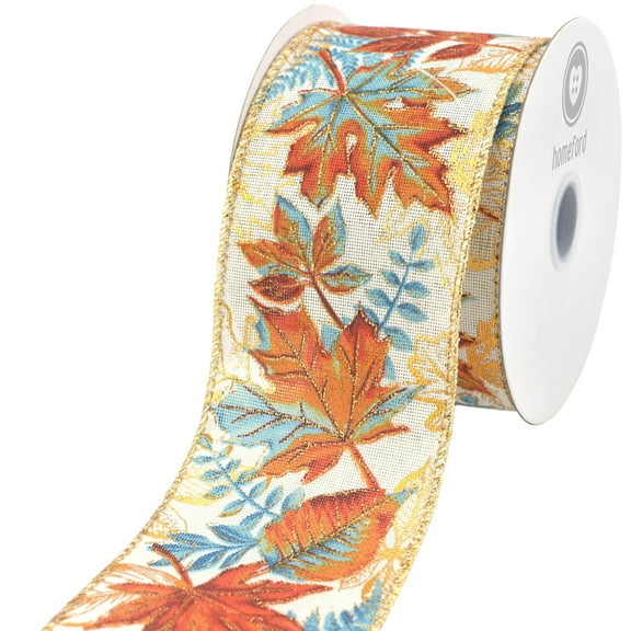HOMEFORD ESC05 Metallic Fall Leaves Faux Linen Wired Ribbon, 2-1/2-inch, 10-yard, Natural
