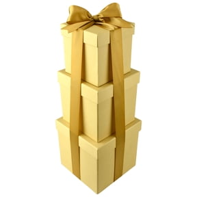 Homeford Nested Square Gift Boxes, Natural Kraft Brown, 5-inch, 6-inch, 7-inch, 3-piece, 1.5-inch Antique Gold Satin Ribbon