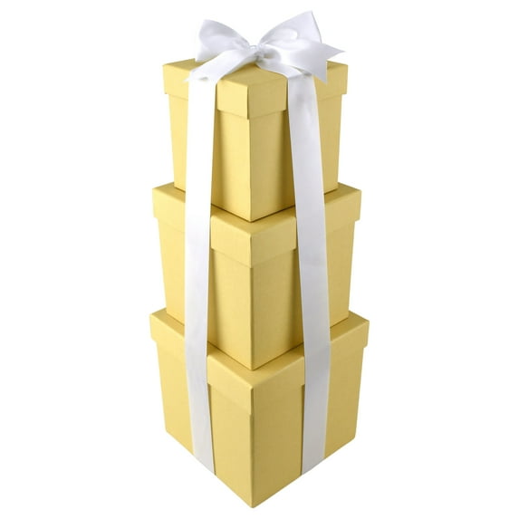 Homeford Nested Square Gift Boxes, Natural Kraft Brown, 5-inch, 6-inch, 7-inch, 3-piece, 1.5-inch White Satin Ribbon