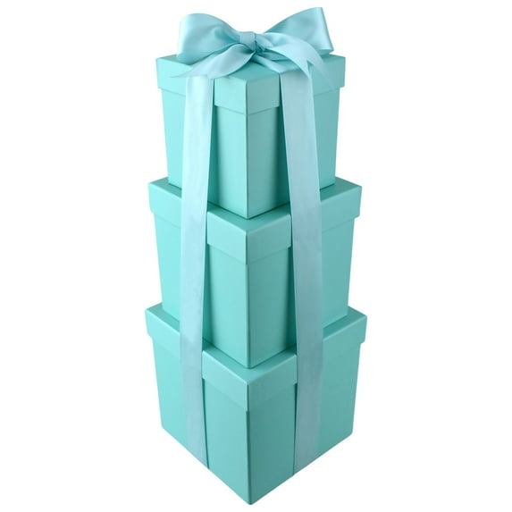 Homeford Nested Square Gift Boxes, Robin's Egg Blue, 5-inch, 6-inch, 7-inch, 3-piece, 1.5-inch Aqua Satin Ribbon