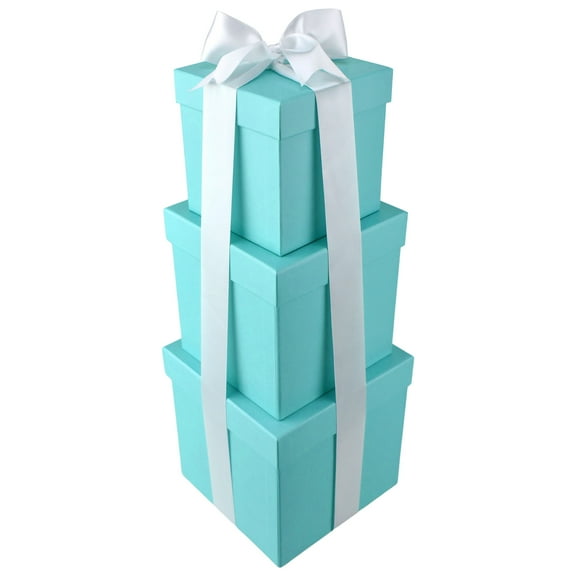 Homeford Nested Square Gift Boxes, Robin's Egg Blue, 5-inch, 6-inch, 7-inch, 3-piece, 1.5-inch White Satin Ribbon