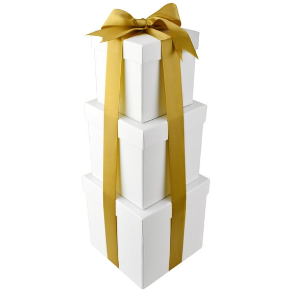 Homeford Nested Square Gift Boxes, White, 5-inch, 6-inch, 7-inch, 3-piece, 1.5-inch Antique Gold Satin Ribbon