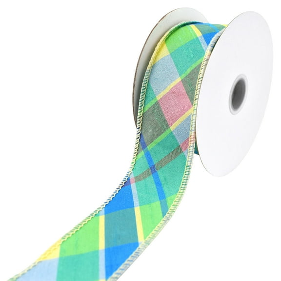Homeford Pastel Deluxe Diagonal Plaid Wired Ribbon, 1-1/2-inch, 5-yard, Teal