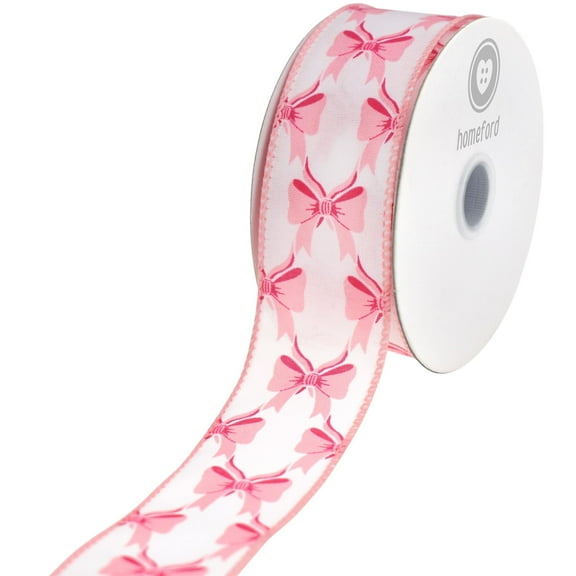 Homeford Patterned Pretty Bows Satin Wired Ribbon, Pink, 1-1/2-inch, 10-yard