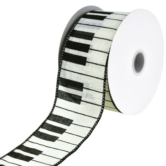 Homeford Piano Keys Faux Linen Wired Ribbon, 2-1/2-inch, 10-yard, White