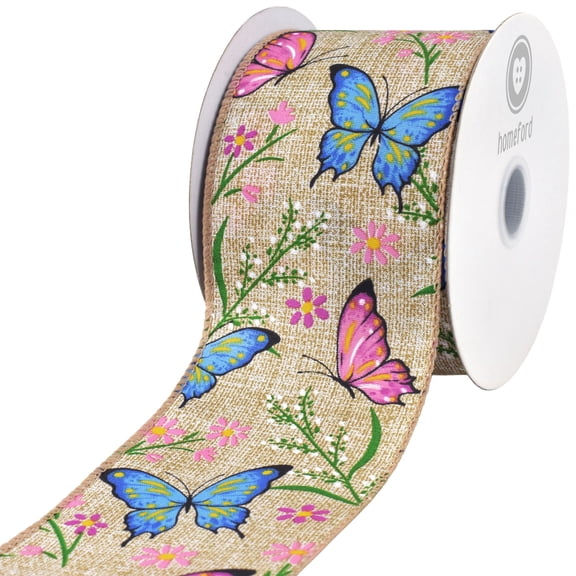Homeford Spring Flowers and Butterflies Wired Ribbon, 2-1/2-inch, Natural/Blue/Pink, 10-yard