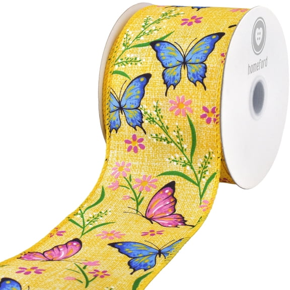 Homeford Spring Flowers and Butterflies Wired Ribbon, 2-1/2-inch, Yellow/Blue/Pink, 10-yard