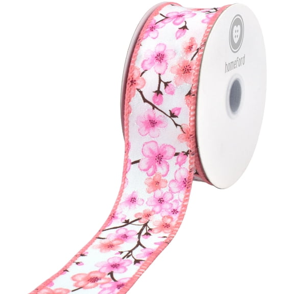 Homeford Spring Sakura Cherry Blossom Branch Wired Ribbon, 1-1/2-inch, White/Pink, 10-yard