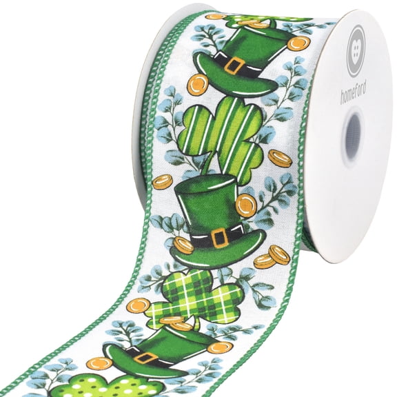Homeford St. Patrick's Leprechaun Hats Coins Foliage Wired Ribbon, 2-1/2-inch, Green/White, 10-yard