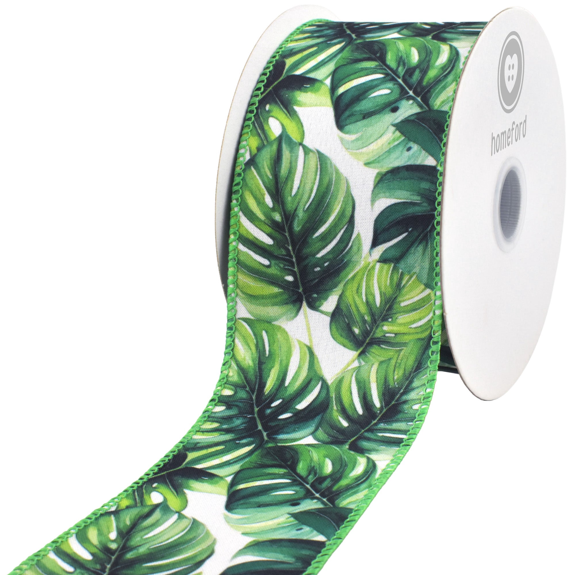 Homeford Summer Lush Monstera Leaves Deluxe Wired Ribbon, 2-1/2-inch, Green/White, 10-yard