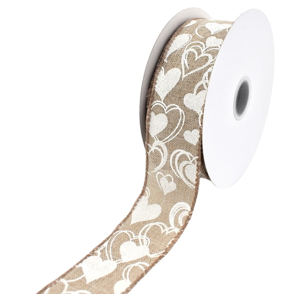 Homeford Valentine's Glittered Hearts Faux Linen Wired Ribbon, 1-1/2-inch, 10-yard, Natural