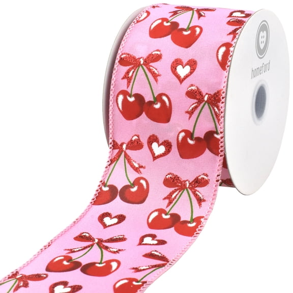 Homeford Valentine's Heart Shaped Cherries Wired Ribbon, 2-1/2-inch, Pink/Red, 10-yard