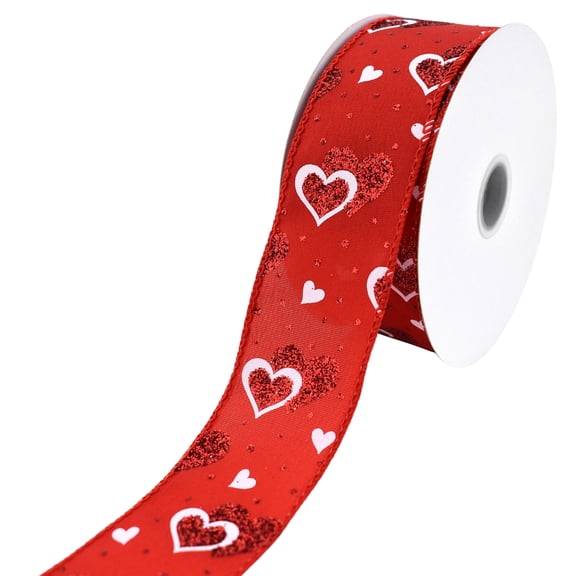 Homeford Valentine's Polka Dots Glittered Hearts Satin Wired Ribbon, 1-1/2-inch, 10-yard, Red