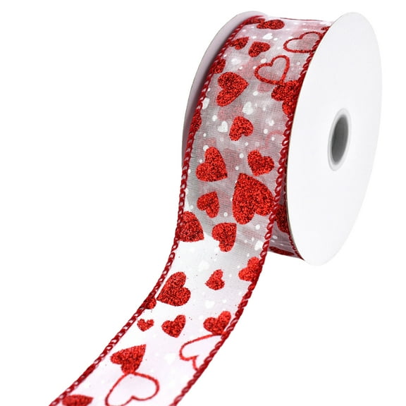 Homeford Valentine's Sheer Organza Glittered Hearts Wired Ribbon, 1-1/2-inch, 10-yard, White
