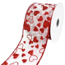 Homeford Valentine's Sheer Organza Glittered Hearts Wired Ribbon, 2-1/2-inch, 10-yard, White