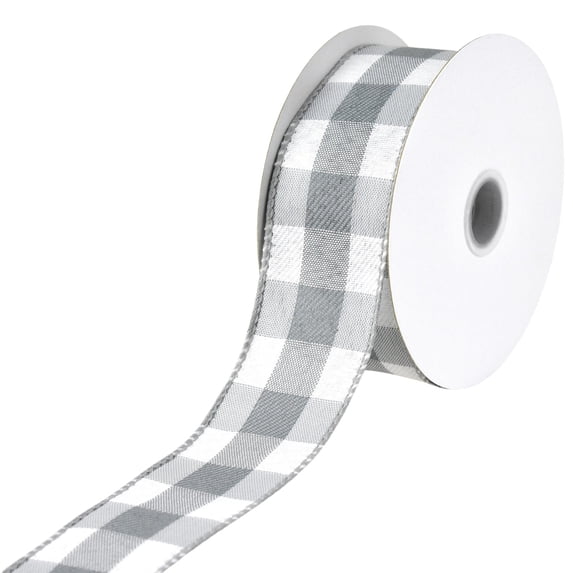 Homeford White Buffalo Plaid Wired Ribbon, 1-1/2-inch, 10-yard, Gray