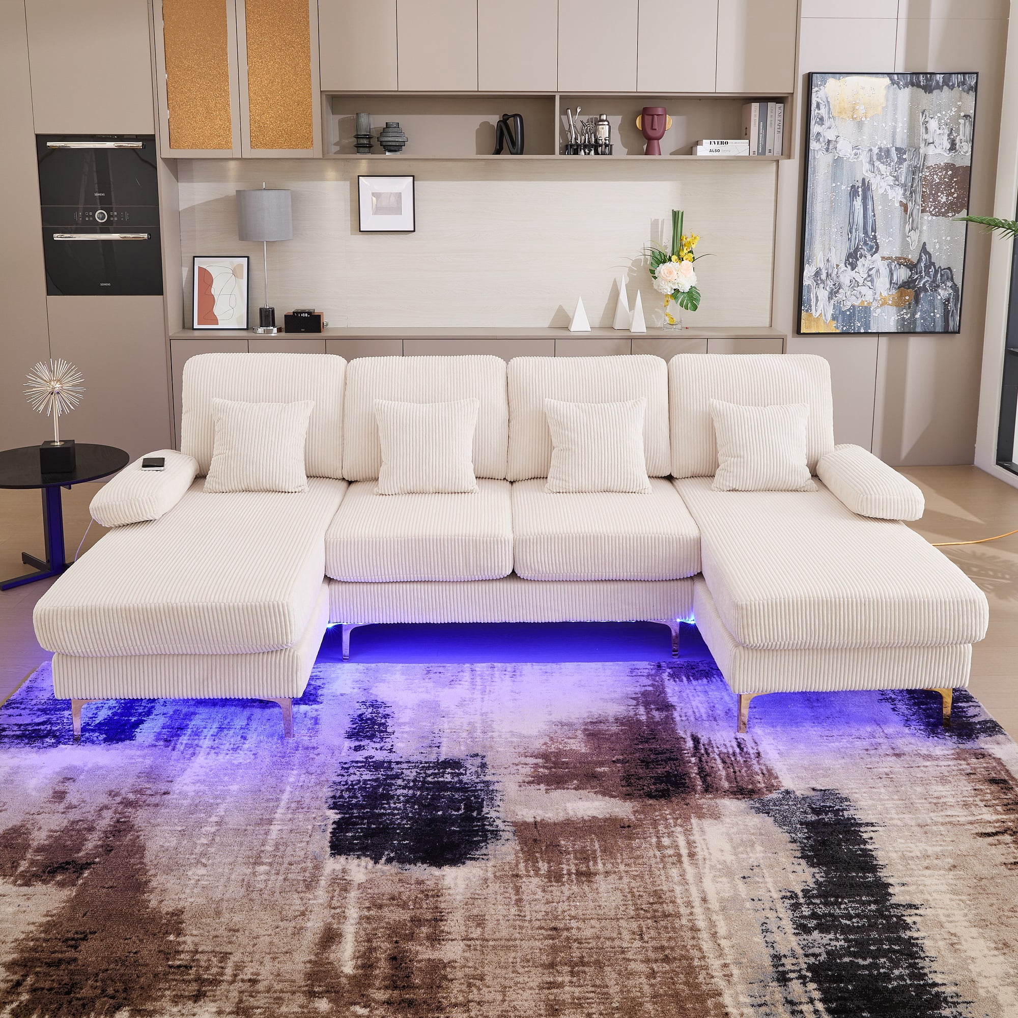 Homefun U-Shaped Corduroy Sectional Sofa 4-Seat with 2 Chaise Large Couches with USB Intelligent Lighting