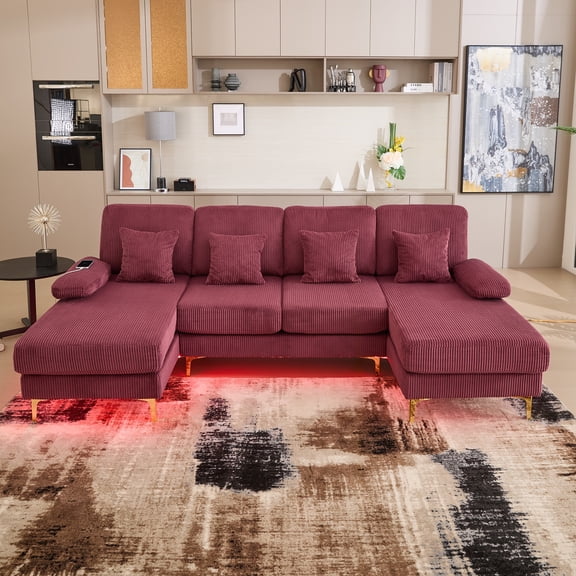 Homefun U-Shaped Corduroy Sectional Sofa 4-Seat with 2 Chaise Large Couches with USB Intelligent Lighting