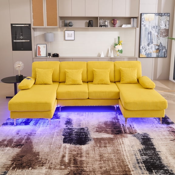 Homefun U-Shaped Corduroy Sectional Sofa 4-Seat with 2 Chaise Large Couches with USB Intelligent Lighting