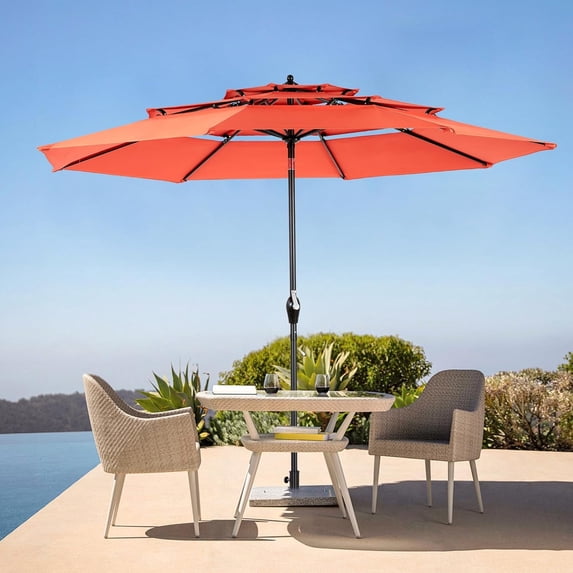 Homefun 10FT Patio Umbrella 3-Tier Market Umbrella with 8 Sturdy Ribs Crank & Tilt Mechanism Waterproof UV-Resistant Fabric Aluminum Pole Outdoor Garden Umbrella (Base Not Included)