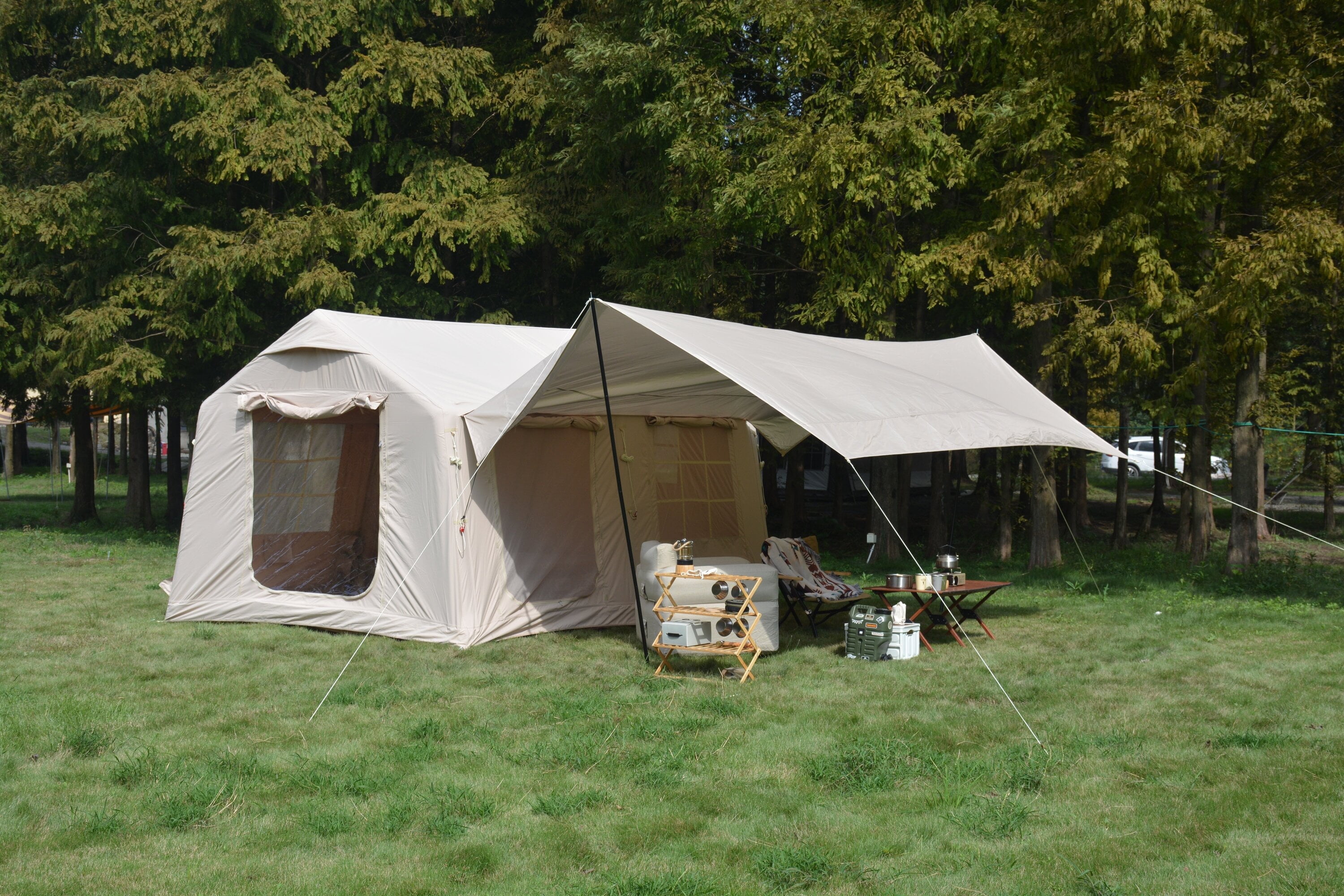 Homefun 10x13ft Inflatable Camping Tent Canopy All Weather Airbeam Glamping Instant Setup Waterproof Windproof Hand Pump Beige