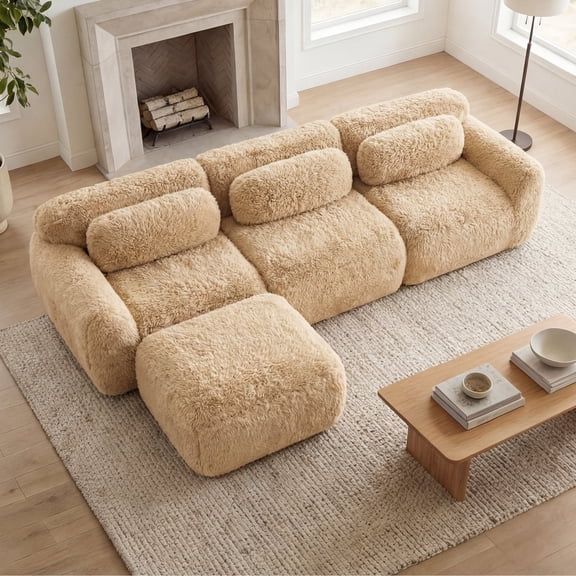 Homefun 114" L-Shaped Plush Sectional Sofa with Movable Ottoman No Assembly 32D Sponge Anti-Slip Bottom,Light Khaki