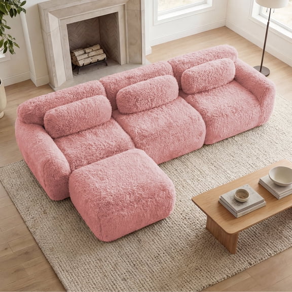 Homefun 114" L-Shaped Plush Sectional Sofa with Movable Ottoman No Assembly 32D Sponge Anti-Slip Bottom,Pink