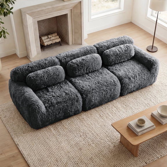 Homefun 114" Modular Sectional Sofa Soft And Fluffy Plush Fabric Full-compression Vacuum Packaging Buckle Connection Home Theater,Dark Grey