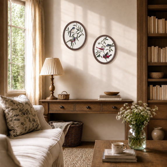 Homefun 2-Piece Oval Embroidered Birds Wall Art Set - 15.1