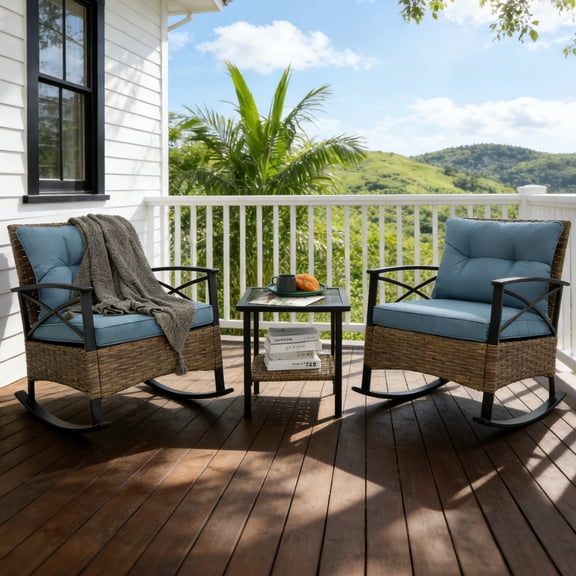 Homefun 3 Piece Patio Rocking Bistro Set, PE Rattan Rocking Chairs Set of 2 and Steel Side Table, Outdoor Furniture Conversation Set with Cushion for Patio Lawn Garden Cafe Pub