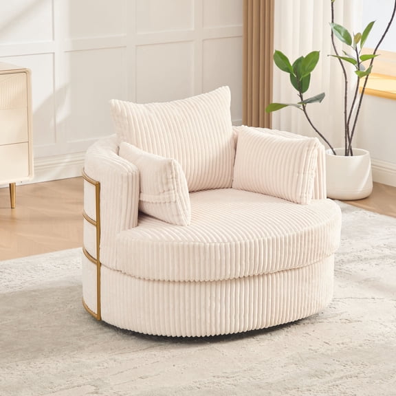Homefun 38.6'' Swivel Accent Chair Round Barrel Chair with Gold Frame,Hidden Storage Single Sofa for Living Room,Beige