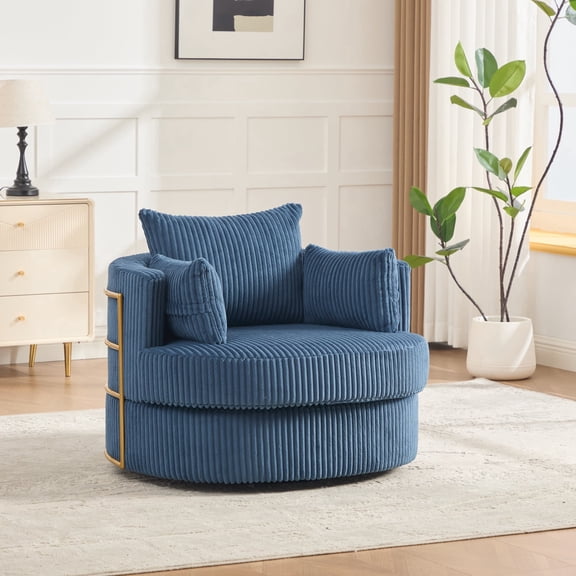 Homefun 38.6'' Swivel Accent Chair Round Barrel Chair with Gold Frame,Hidden Storage Single Sofa for Living Room,Blue