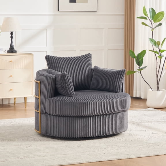 Homefun 38.6'' Swivel Accent Chair Round Barrel Chair with Gold Frame,Hidden Storage Single Sofa for Living Room,Gray