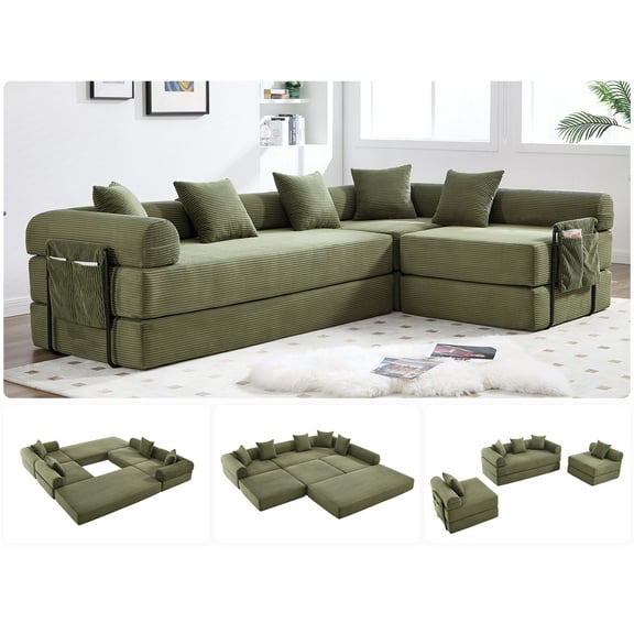 Homefun 141'' Convertible Folding Sofa Bed Cloud Corduroy Mattress Sectional Sofa,Assembly Free and Space Saving,Beige