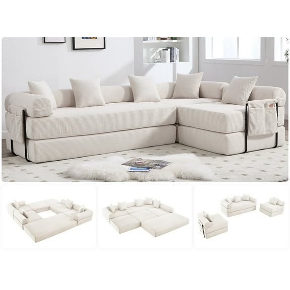 Homefun 141'' Convertible Folding Sofa Bed Cloud Corduroy Mattress Sectional Sofa,Assembly Free and Space Saving,Beige
