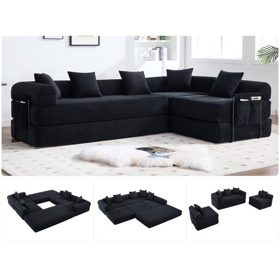 Homefun 141'' Convertible Folding Sofa Bed Cloud Corduroy Mattress Sectional Sofa,Assembly Free and Space Saving,Beige