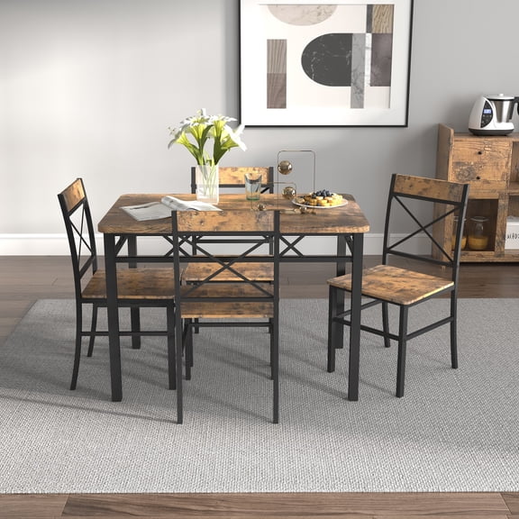 Homefun 5 Piece Dining Table Set for 4,Space Saving Kitchen Table and Chairs Set,Rustic Brown Wood Grain Dining Room Furniture with Metal Frame for Apartment,Small Space,Breakfast Nook