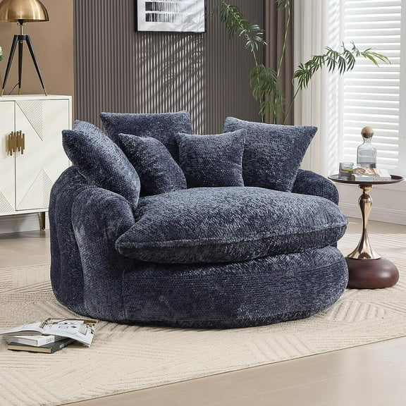 Homefun 55" Oversize Round Chair Couch Lounge Chaise Indoor,Comfy Boneless Sleeper Sofa Bed with 5 Pillows for Reading LivingRoom(Blue)