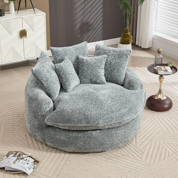 Homefun 55" Oversize Round Chair Couch Lounge Chaise Indoor,Comfy Boneless Sleeper Sofa Bed with 5 Pillows for Reading LivingRoom(Light Blue)
