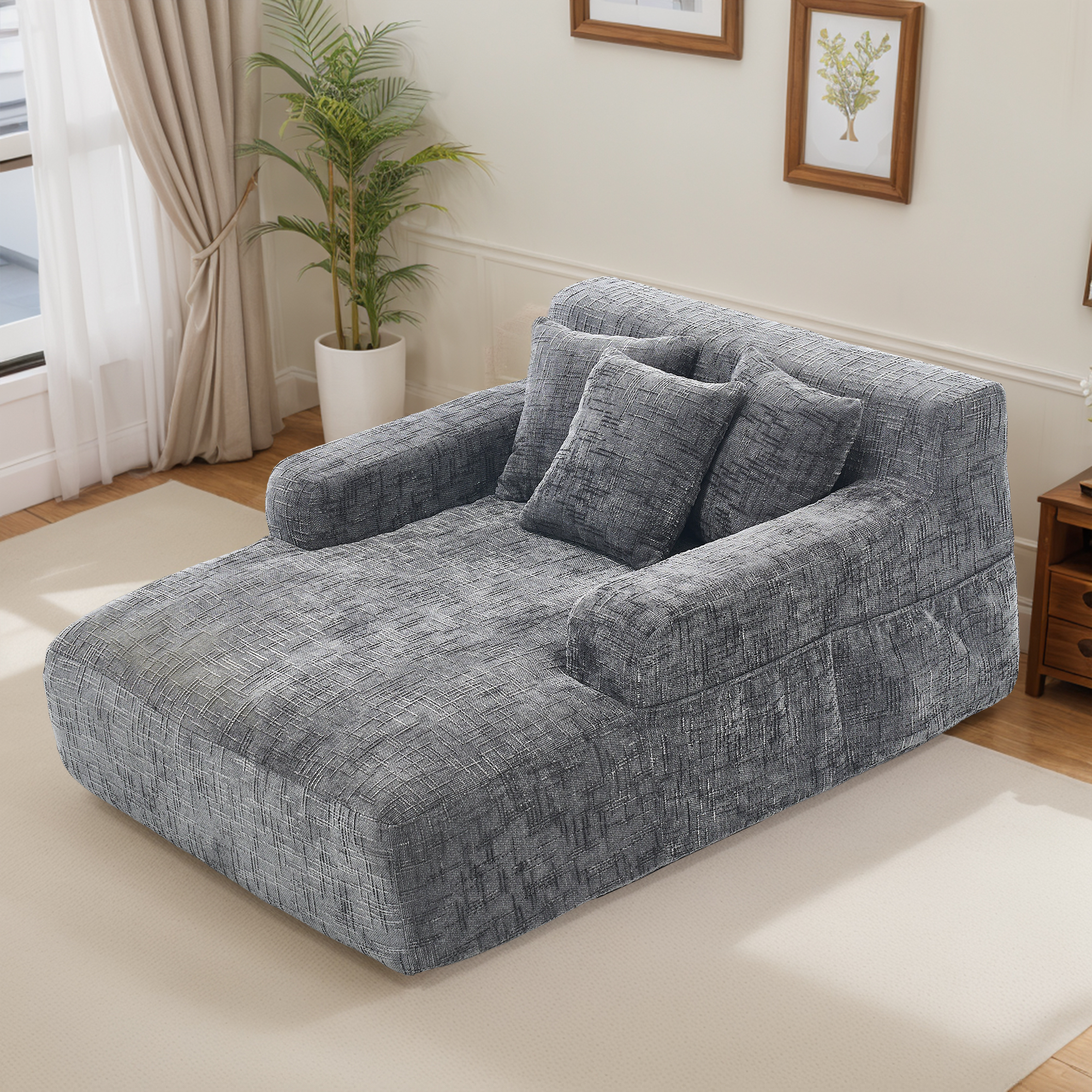 Homefun 61" Chenille Sofa Bed Oversized Chaise Lounge No Assembly Storage Pocket 3 Pillows Indoor for Living Room Bedroom