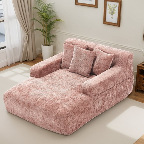 Homefun 61" Chenille Sofa Bed Oversized Chaise Lounge No Assembly Storage Pocket 3 Pillows Indoor for Living Room Bedroom