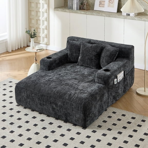 Homefun 61'' Oversized Chenille Chaise Lounge Chair with Cup Holder,No Assembly Indoor Reading Sofa with 3 Pillows for Living Room Bedroom,Black