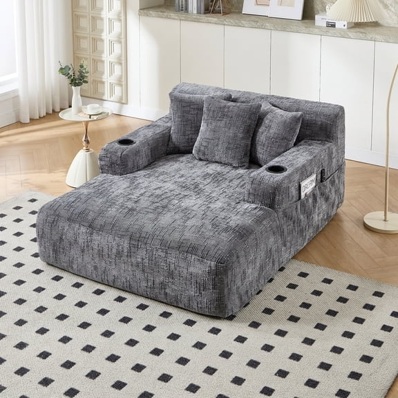 Homefun 61'' Oversized Chenille Chaise Lounge Chair with Cup Holder,No Assembly Indoor Reading Sofa with 3 Pillows for Living Room Bedroom,Gray