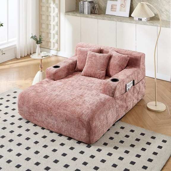 Homefun 61'' Oversized Chenille Chaise Lounge Chair with Cup Holder,No Assembly Indoor Reading Sofa with 3 Pillows for Living Room Bedroom,Pink