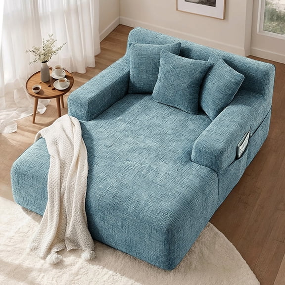 Homefun 61"Chenille Oversized Chaise Lounge Chair Indoor No Assembly Required Sofa Bed with side bag 3 Pillows
